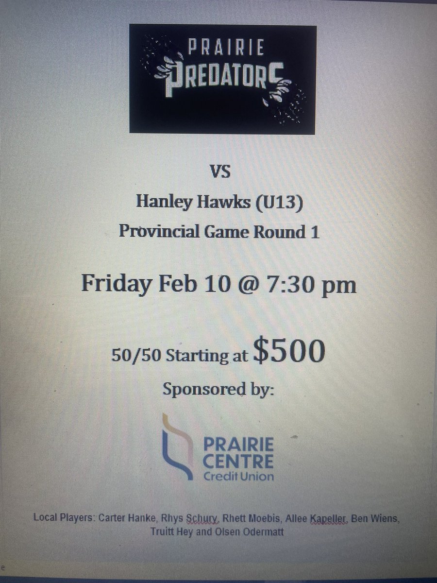 Come on out to the Beechy AGT Civic Centre Friday night. 7:30pm puck drop. 50/50 starting at $500 bucks. Come on out and support our local u13 team and maybe win some cash!! #saskhockeyprovincials