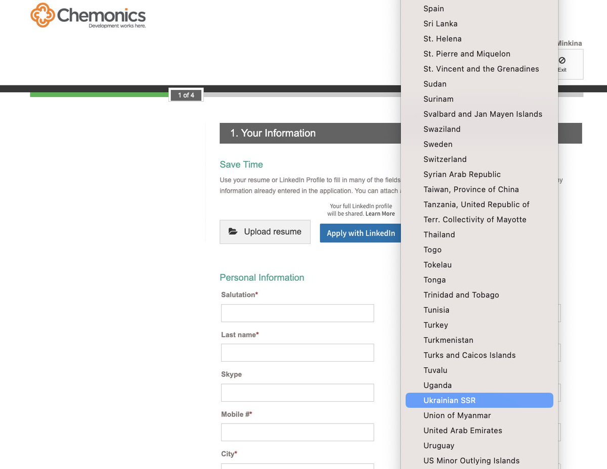 Dear @Chemonics, with all due respect, do you really think this country still exists? What should citizens of #Ukraine select while applying to work with you? I simply lost my speech as a Ukrainian citizen on the 31st year of Independence...