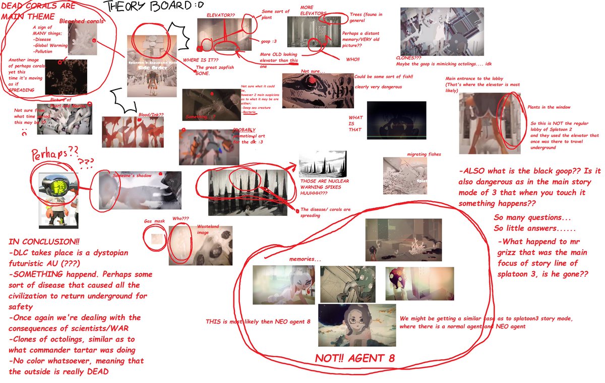 bebreaddy's tweet photo. I've made crazy theories since the dlc came out 
So, decided to make a REALLY unorganized and rushed theory board for the splatoon dlc 
#Splatoon3dlc #splatoon3sideorder https://t.co/Rtcrow9VZM