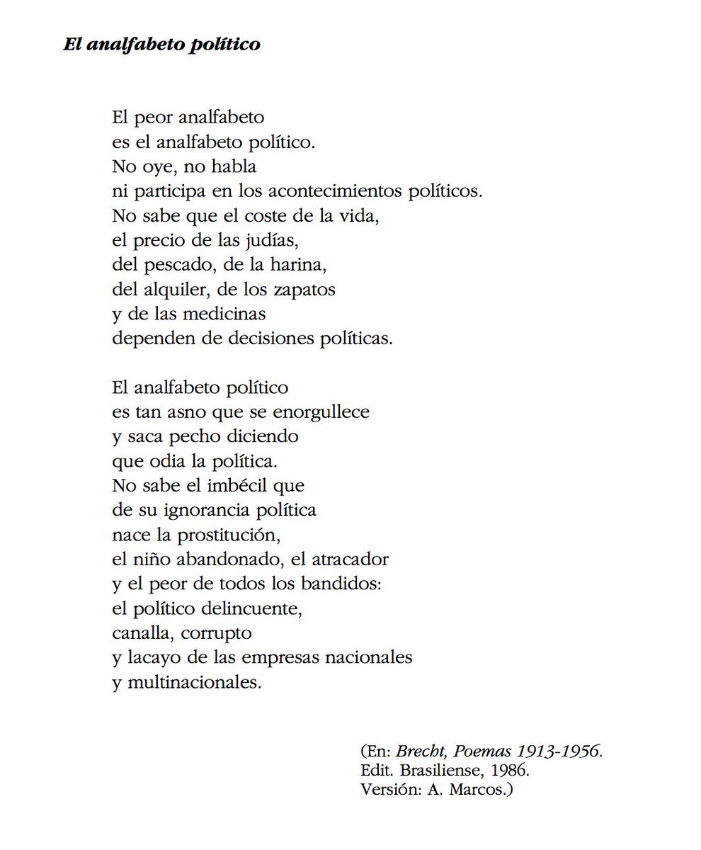 FonsiLoaiza's tweet photo. Tal día como hoy, en 1898, nació el poeta comunista Bertolt Brecht. Escribió esto sobre los analfabetos políticos. Imprescindible. https://t.co/2E0cGz3IkV