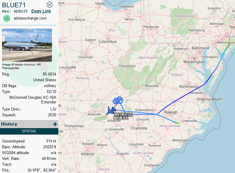 SirListenalot's tweet photo. 1805z #KC10 #AE0225 as #BLUE71 on a round trip out of McGuire joined up with German #EUFI's #RETRO31(-33) for AR along their route from Seymour Johnson to Creech https://t.co/7fZCd3ROPi