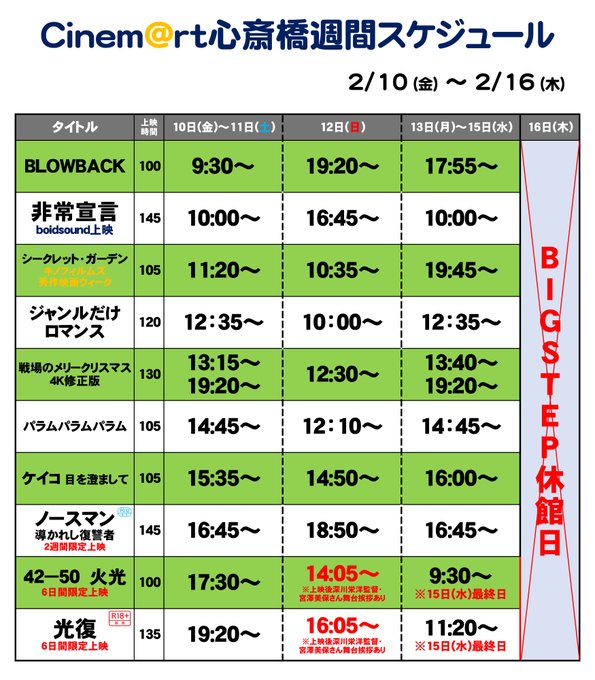 Cinemart_Osaka's tweet photo. おはようございます‼️本日9:15～オープン‼️
⚔️ノースマン　導かれし復讐者
🪖戦場のメリークリスマス 4K修復版
⛲️シークレット・ガーデン
👊BLOWBACK
🔥光復（こうふく）
🌊42-50火光（かぎろい）
🌬パラム パラム パラム
💕ジャンルだけロマンス
🥊ケイコ目を澄ませて
✈️非常宣言【boidsound】 https://t.co/L9psne0Taf