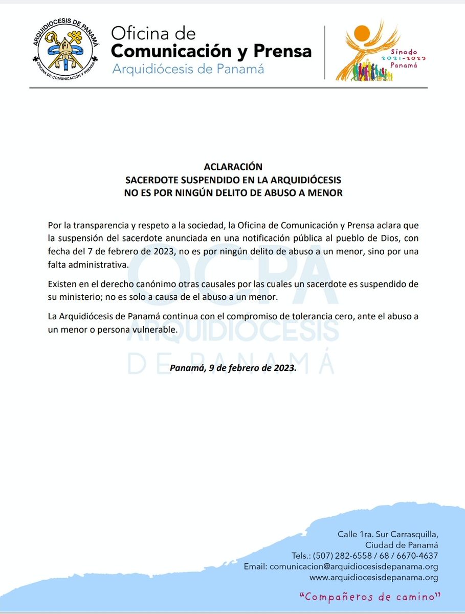 ACLARACIÓN SACERDOTE SUSPENDIDO EN LA ARQUIDIÓCESIS NO ES POR NINGÚN DELITO DE ABUSO A MENOR