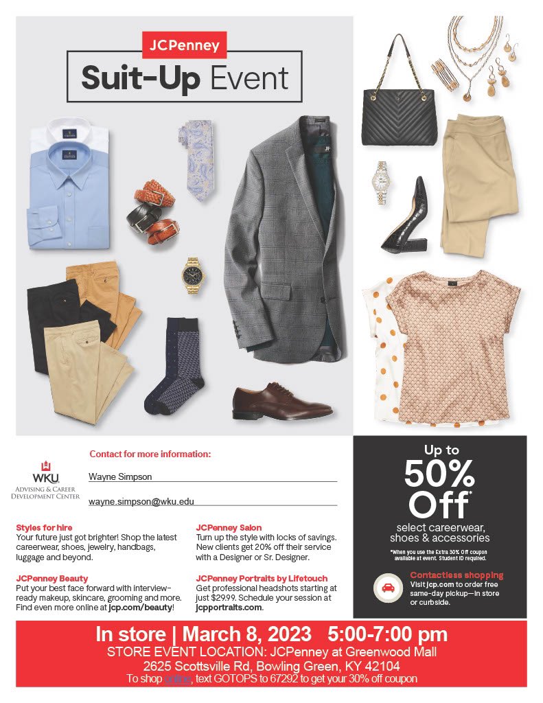 wkucareer's tweet photo. 👨🏻‍💼 @jcpenney is having another Suit-Up Event in coordination with #WKUCareerDevelopment!

🛍️ Stop by JCPenny at the Greenwood Mall on March 8 from 5-7 p.m. to get UP TO 50% OFF select careerwear, shoes, and accessories 🔥

See thread ⬇️ https://t.co/XA9WuoPzFE