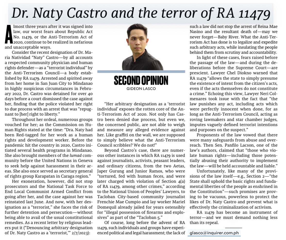 My column today expresses solidarity to Dr. Naty Castro and others who have been arbitrarily and wrongfully red-tagged and labelled as terrorists. 

It also calls for the repeal of the Anti-Terrorism Act or RA 11479, which has itself become a instrument of terror.