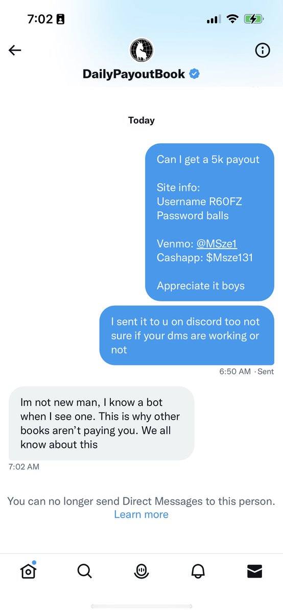 Playertotals's tweet photo. Just sad. This scam artist @DailyPayoutBook isn’t paying my client the $26,000 he won on his “book”. Deposited $2k+ and ran off. 

Don’t give this clown business, and don’t let him get away with this bullshit. 

Giving $25 cashapp to someone who RT’s this tweet. #GamblingTwitter https://t.co/kGjSScCr1c