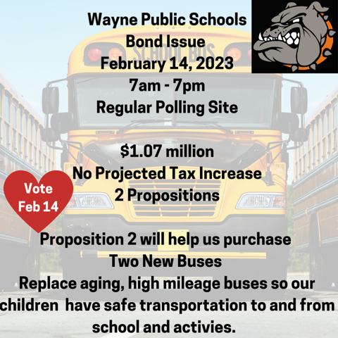 Wayne Schools has Two Propositions up for Voting on February 14th

Proposition 2 provides the district two new buses to replace high mileage route buses.

Early voting is today Feb 9 and tomorrow Feb 10 from 8 am - 6 pm at the McClain County Farm and Home