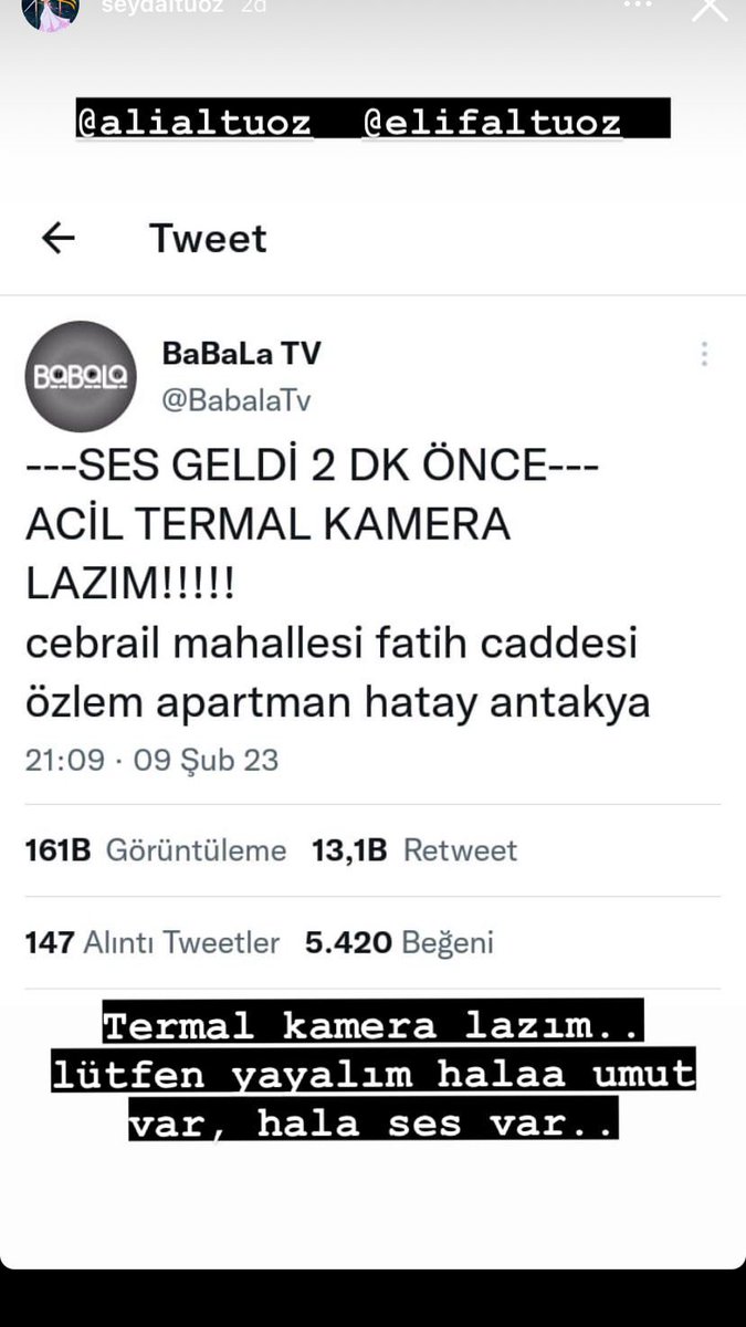 buseesrt12's tweet photo. Cebrail mah. Fatih cad. No:11  Özlem apartmanı Antakya/ Hatay

ÇOK YAKLAŞTIK ÇOK!!! ACİL YARDIM LÜTFEN!! TERMAL KAMERAYA İHTİYACIMIZ VAR!!! @BabalaTv @haluklevent @ahbap @Ahbap_Ankara @DepremDairesi @AKUT_Dernegi @Kizilay @OguzhanUgur @ProfDemirtas https://t.co/9wmaptqdq5