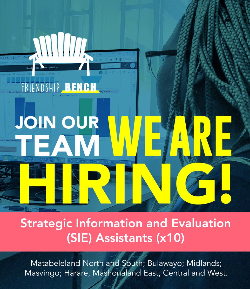 🚨 We are hiring 10x #StrategicInformationAndEvaluation Assistants! 

Positions covering Mat. North &amp; South; Bulawayo; Midlands; Masvingo; Harare, Mash. East, Central and West. 

📌 Submissions deadline - 16/02/2023 

👉 JD &amp; application here: drive.google.com/file/d/1q9X-MS…