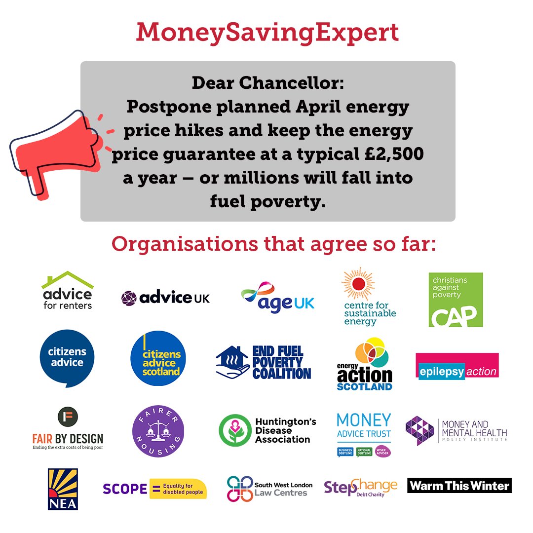 More than 20 charities and consumer organisations have supported the call to postpone the planned energy bill rise in April, following <a href="/MartinSLewis/">Martin Lewis</a>' letter to the Chancellor <a href="/Jeremy_Hunt/">Sir Jeremy Hunt MP</a> today.

Read the letter in full: mse.me/3XjhyaY