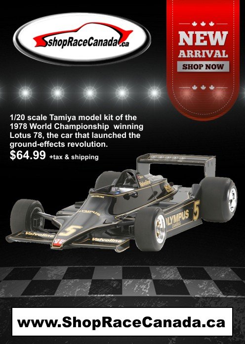 ShopRaceCanada's tweet photo. Some of our end-of-last-year orders are starting to trickle in. Now in stock, Tamiya 1/20 scale model kit of the beautiful Lotus 79, that can be built as Mario Andretti or Ronnie Peterson.

Free shipping on orders over $150.00

Shop here:
https://t.co/6ZzsHQCimZ https://t.co/J0pYndVihm