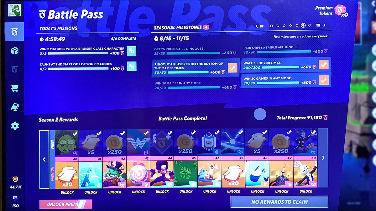 Nickflossy's tweet photo. @multiversus WHAT ABOUT EVERYONE WHO ALREADY COMPLETED THIS SHITTY BATTLE PASS, THIS IS HONESTLY A SPIT IN THE FACE TO EVERYONE THAT REALLY PUTS TIME INTO THIS GAME !! WHERE IS THE CONTENT HOLY SHIT 🤬🤬🤬 https://t.co/IRbuhBv3As