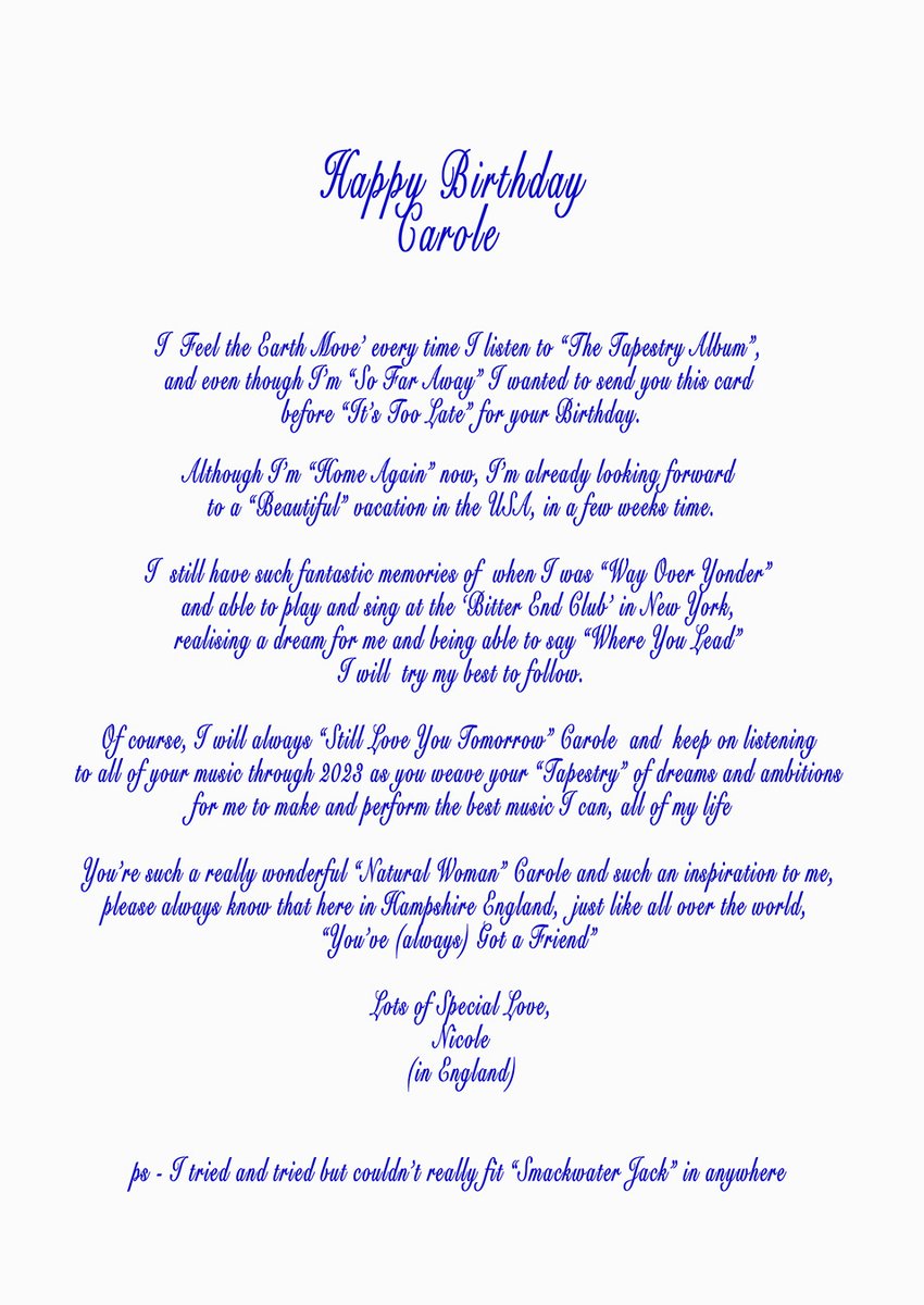parker_yulia's tweet photo. Happy Birthday Carole King ! 
With Special Love from Nicole, age 15 (in England) -  still holding on to the dream that one day she may be lucky enough to meet her hero and inspiration. @Carole_King @JamesTaylor_com @DannyKortchmar @LynnParsonsUK @primarywave https://t.co/V47GMvoo4r