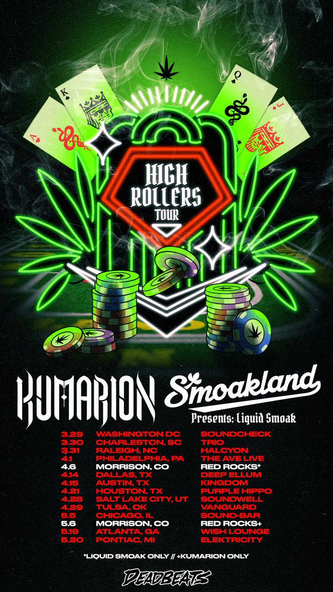 SmoaklandBeats's tweet photo. HIGH ROLLERS TOUR w/ @kumarionmusic 💨🐍

Debuting the Liquid Smoak project on the road, as well as new collaborations from the both of us, we cannot wait to show you all what we’ve been working so relentlessly on 🎶 

Tix on sale tomorrow
@deadbeats 
🐍💧💨 https://t.co/LRny2FLK3V