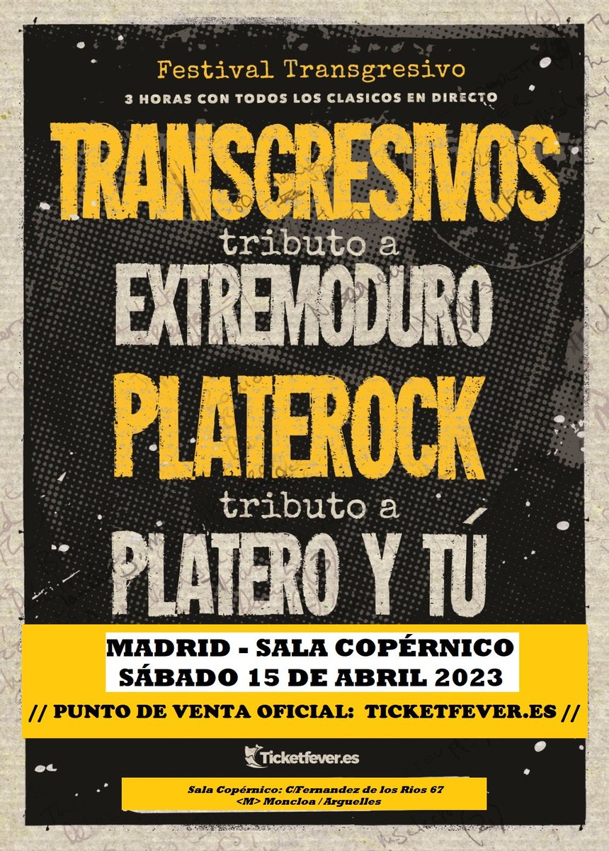 ConciertosCoper's tweet photo. El sábado 15 abril, 3 horas de tributo a Extremoduro y platero con #transgresivos y @Platerock_ en directo.
Entradas con oferta de lanzamiento ya a la venta aquí: 
https://t.co/bDDYqE13AV

#madrid #extremoduro #plateroytu #salacopernico #transgresivos #platerock #fito #robe https://t.co/Ag9d7vpWc6