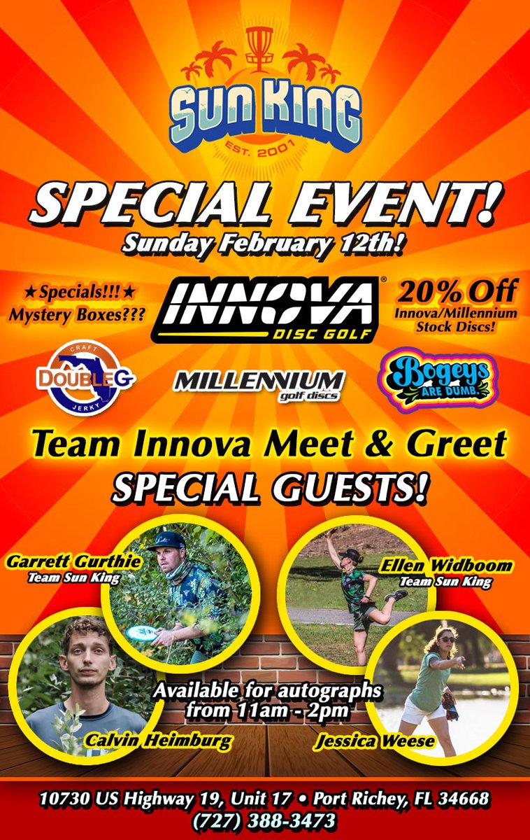 SunKingDiscs's tweet photo. Sunday 2/12/23: Team Innova Meet &amp; Greet @ Sun King Discs Pro Shop! https://t.co/1H9KzT4BH6
