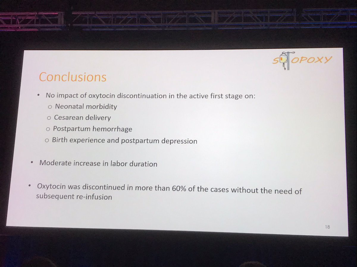Arrêt de l'#oxytocine pendant la phase active du 1er stade du travail, l’essai randomisé français STOPOXY avec près de 2500 patientes incluses (1192 vs 1175) : pas de différence de morbidité néonatale, du mode d'accouchement, des indications de césarienne #SMFM2023 👏 <a href="/audeglt/">Aude</a>