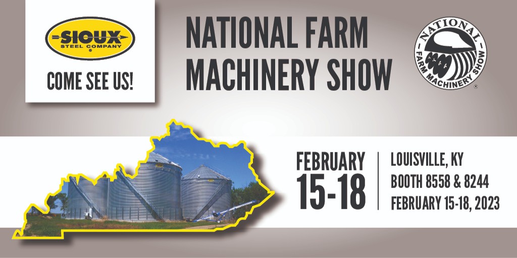 siouxsteel's tweet photo. Planning to attend the National Farm Machinery Show next week? Come and visit us at booth spaces #8558 & 8244, February 15th - 18th, 2023. This is the largest indoor farm show in the US, we canβt wait to see you there!
#NFMS23 #FarmShow #Kentucky #SiouxSteel #SCAFCOGrain https://t.co/0vZ1lRarpi