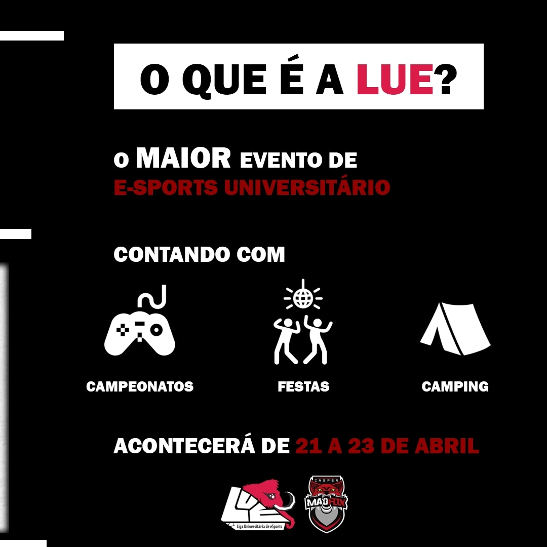 inspermadfox's tweet photo. Salve, raposada!

O Mad tem uma novidade pra vocês: Estamos na LUE 2K23!! A Liga Universitária de eSports é o maior evento presencial de eSports universitário do Brasil, tendo objetivo de total imersão dos participantes, contando com festas e, claro, muitas competições. https://t.co/yp1MEOV2BT