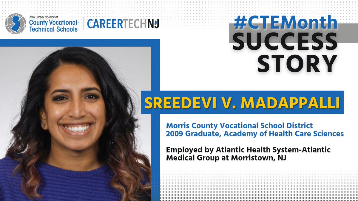 CareerTechNJ's tweet photo. Sreedevi Madappalli enrolled in @MorrisCountyVSD's  Academy of Health Care Sciences to explore the endless possibilities in health care. There, she learned about her options and gained competencies that inspired her career today as a nurse. She is a #CTEMonth Success Story! https://t.co/hmN92bQc8y