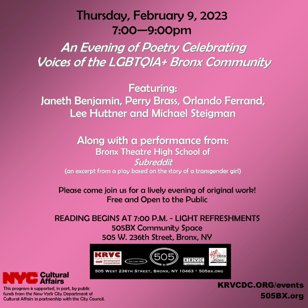 bxafh's tweet photo. Tonight: An Evening of Poetry Celebrating Voices of the LGBTQIA+ Community at @KrvcBronx (505 W 236th St #Bronx NYC)

Thu 2/9/2023 @ 7pm ET in-person (FREE, no tickets/no RSVP needed)

https://t.co/TEw1GiOEML
https://t.co/3r4c2msjWl
#poetry #stories #music #lgbtqia #krvc #krvcdc https://t.co/pIzcSrmY8Z