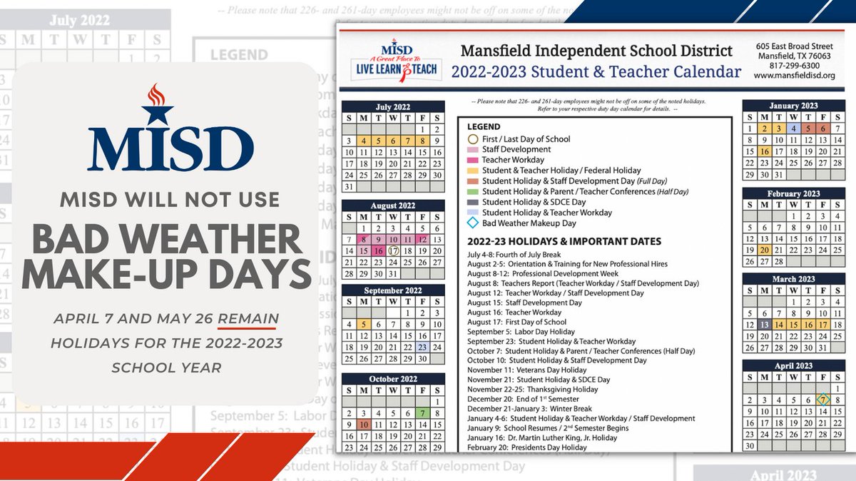 MISD has determined there will be no makeup days required following recent  inclement weather closures. The district builds time into the academic calendar to accommodate inclement weather events, &amp; students will still receive more than the required educational hours this year.