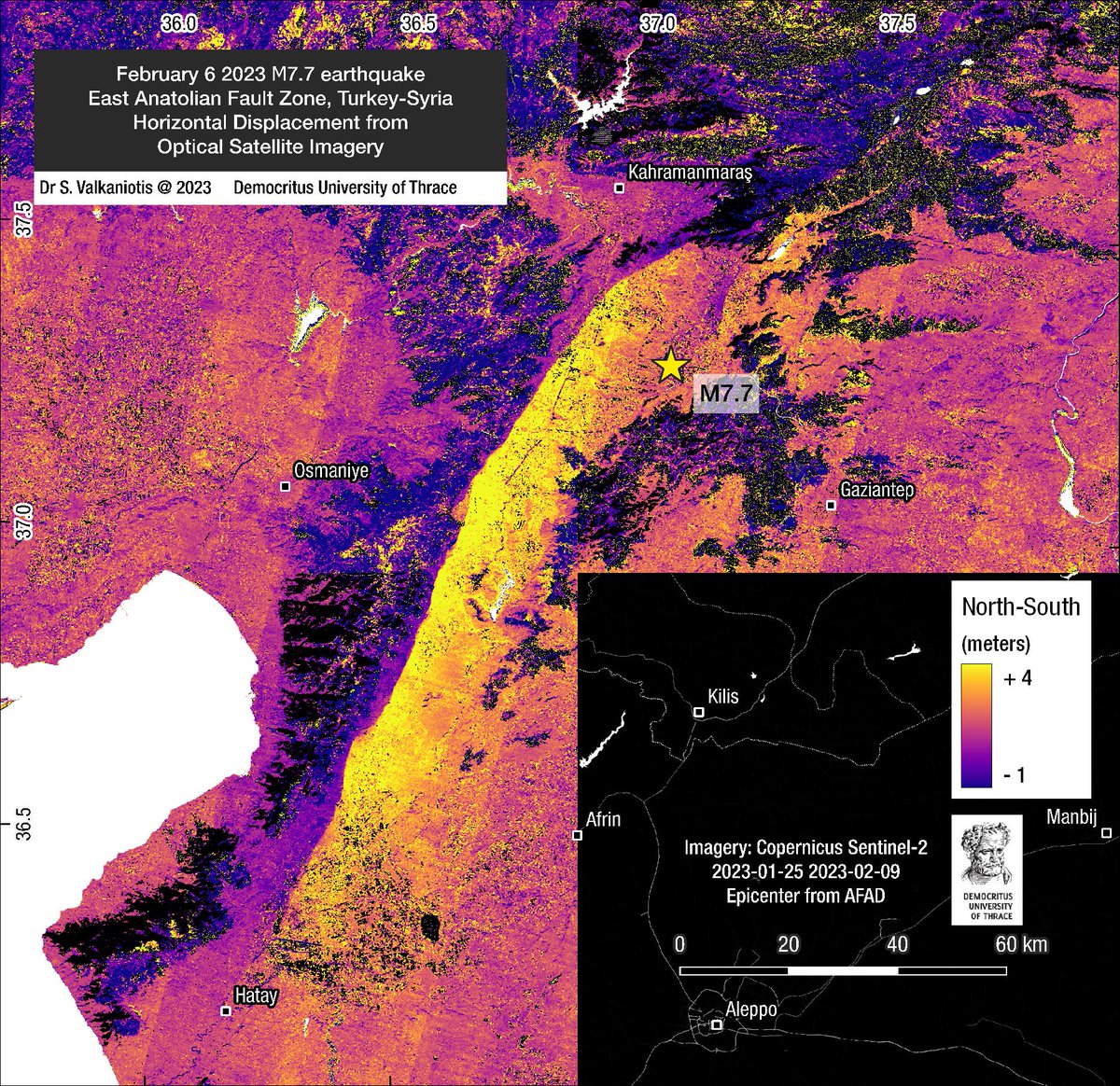 SotisValkan's tweet photo. Horizontal offset from the M7.7 #earthquake in the East Anatolian Fault Zone, #Turkey #Syria, using optical correlation with Copernicus #Sentinel2 satellite imagery. At least 250km of 1-5m displacement along the main EAFZ trace. Northern images are still obscured by snow. 1/2 https://t.co/1JVD1G4R3T