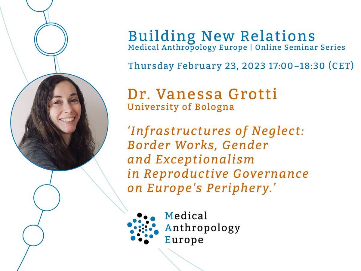 medanteurope's tweet photo. We are thrilled to announce the next Medical Anthropology Europe Online Seminar with Dr. Vanessa Grotti (University of Bologna) on Thursday 23/02, 17:00–18:30 (CET). Sign up here: https://t.co/uJNfL1ATUB #medanth https://t.co/qdxbvTXbKr