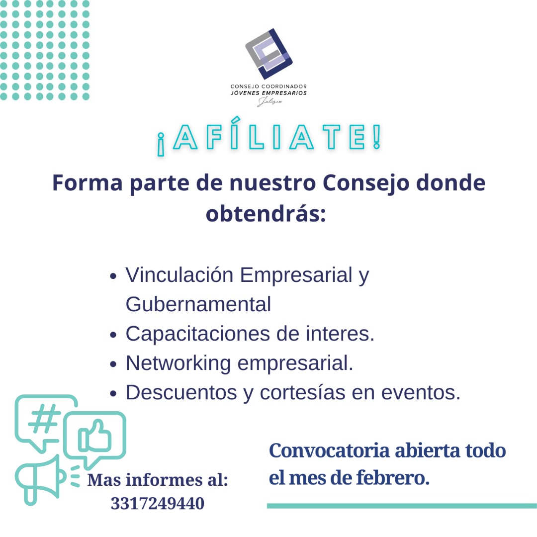 Te dejamos los informes para afiliarte al Consejo Coordinador de Jóvenes Empresarios Jalisco.

forms.gle/ZG85G8mvLRtm8v…

#consejocoordinadordejovenesempresarios #Jalisco #afiliate