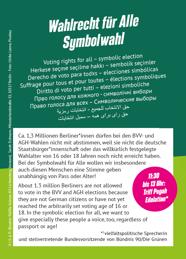Gruene_Lbg's tweet photo. Symbolwahl – Wahlrecht für alle!
🗓️ Samstag, 11.02.2023
🕙 11-15 Uhr
📍 Frankfurter Allee/Möllendorffstraße
(1/10) https://t.co/ApDTN1mK1f