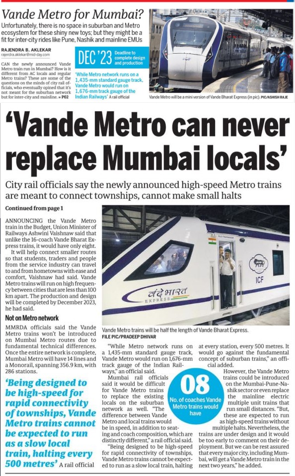 rajtoday's tweet image. Can the proposed #VandeMetro train replace Mumbai's AC EMU local trains or the Metro rolling stock? Some ifs and buts... 

Read here in detail: mid-day.com/mumbai/mumbai-… @RailMinIndia