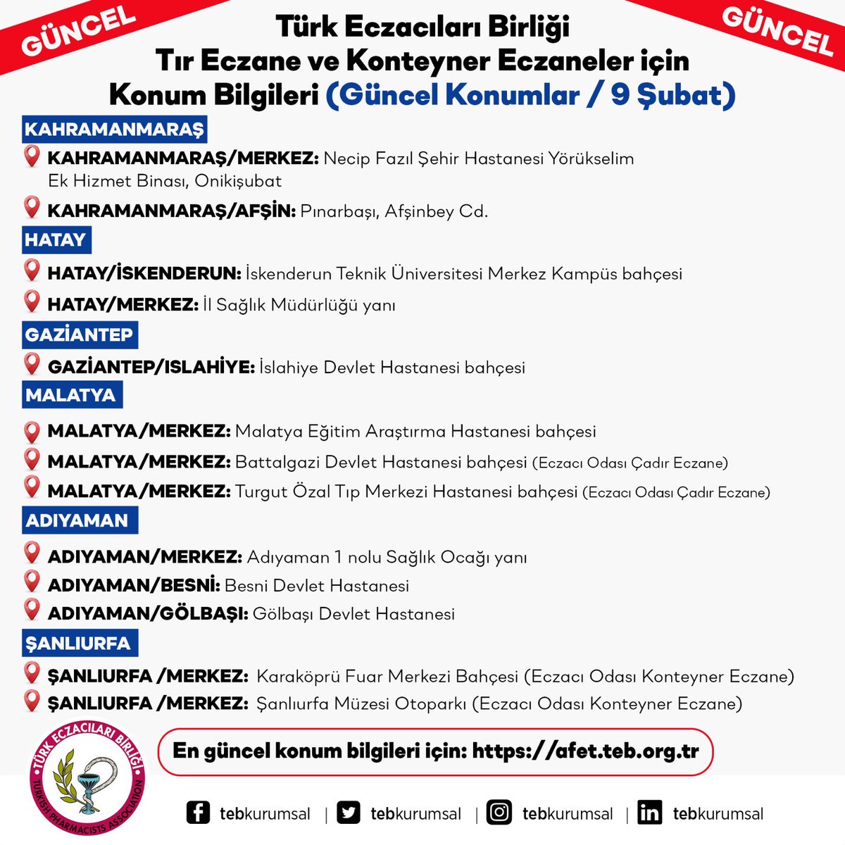 SON GÜNCELLEME 09 Şubat 
SAAT: 22.20

Depremzede vatandaşlarımızın ilaç ve tıbbi malzeme temini için,Birliğimizce bölgeye gönderilmiş olan TIR ECZANENİN ve KONTEYNER ECZANELERİN GÜNCEL KONUM bilgileri,halkımızın dikkatine saygılarımızla duyurulur. #deprem

afet.teb.org.tr/html/afet-ecza…
