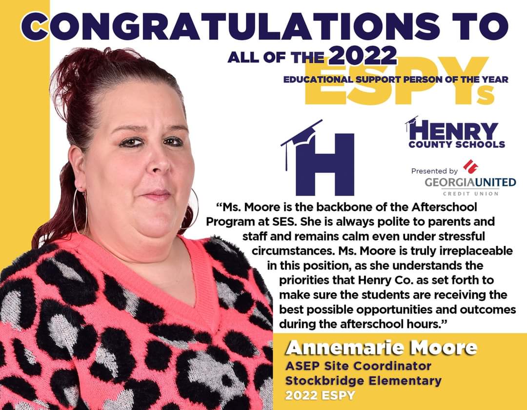 Congrats to out our amazing Ms. Moore ESPY!!! Thank you for all your creativity and dedication you put in after school, events, front office, students, families and teachers!!! SES is amazing because of you!! <a href="/SesAsep/">sesASEP</a> <a href="/SES_HC/">Stockbridge Elementary School</a>