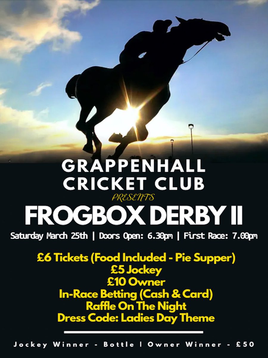 📆|🐎🐸

RACE NIGHT 2023

Introducing the second edition of our Frogbox Race Night to raise funds for the club! 

📆 Sat 25th March
⏰Doors Open - 6.30PM
🎫£6 (Pie Supper Included)
🧢Ladies Day Theme
🎟️Raffle On The Night

Tickets, horses and jockeys:

justgiving.com/fundraising/gr…