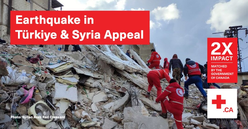 redcrosscanada's tweet photo. Red Cross and Red Crescent teams are on the ground in Türkiye and Syria supporting search and rescue efforts and providing basic needs, warmth, and shelter. Eligible donations will be matched by the Government of Canada to a maximum of $10 million from Feb 6-22, 2023.