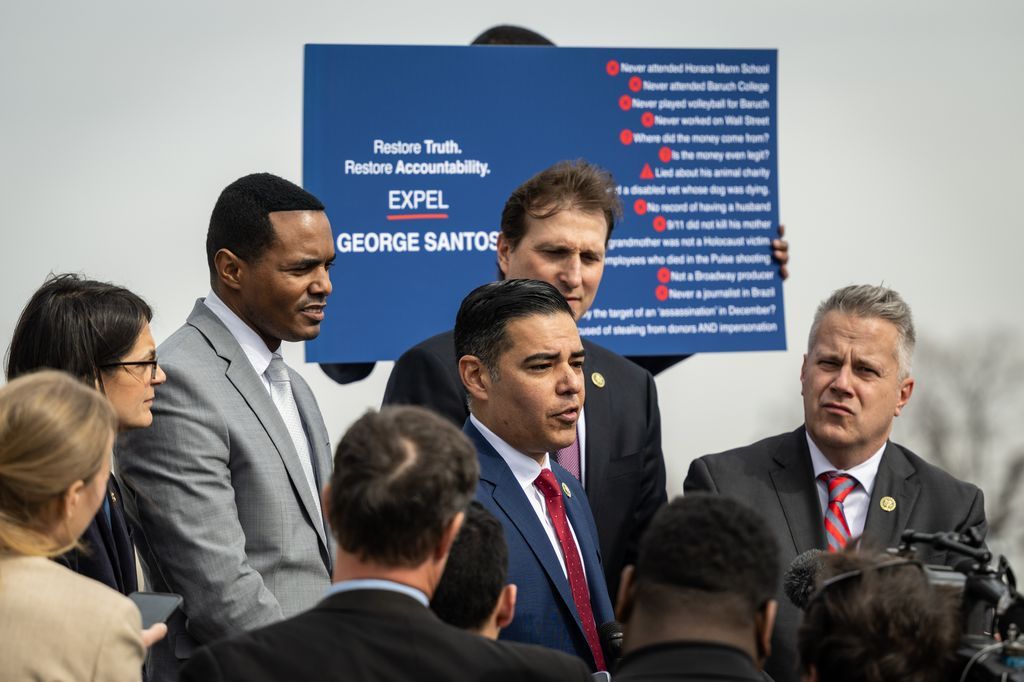 RepRobertGarcia's tweet photo. George Santos has no place in Congress, and it’s time to vote him out. 

Thank you @RepBeccaB, @RepEricSorensen, @RepDanGoldman, @RepRitchie, @RepTedLieu, and @RepCicilline for joining us. https://t.co/dB1ODuqO3O