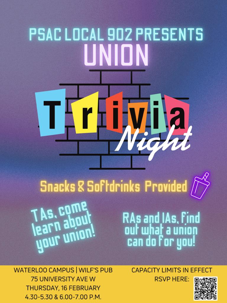 Come out and enjoy refreshments, entertainment and get some union swag! 

There will be two sessions on Thursday February 16 
4:30 - 5:30 PM
6:00 - 7:00 PM
Limited spots are available so make sure to sign up ASAP!!

eventbrite.ca/e/unionize-wil…