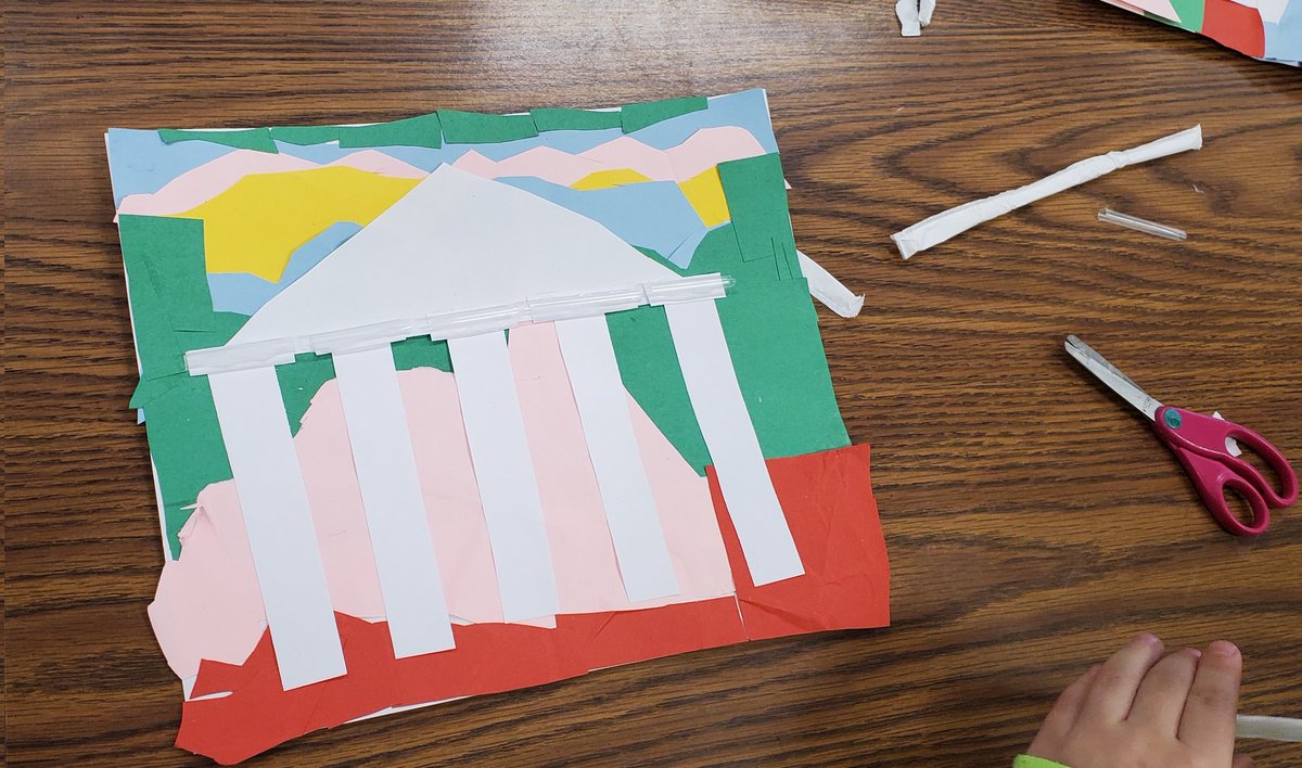 2nd gr has been learning about Greece and the columns on the Parthenon.  We did a torn/cut paper background to represent sky and land.  We are now working on the columns using paper and straws.