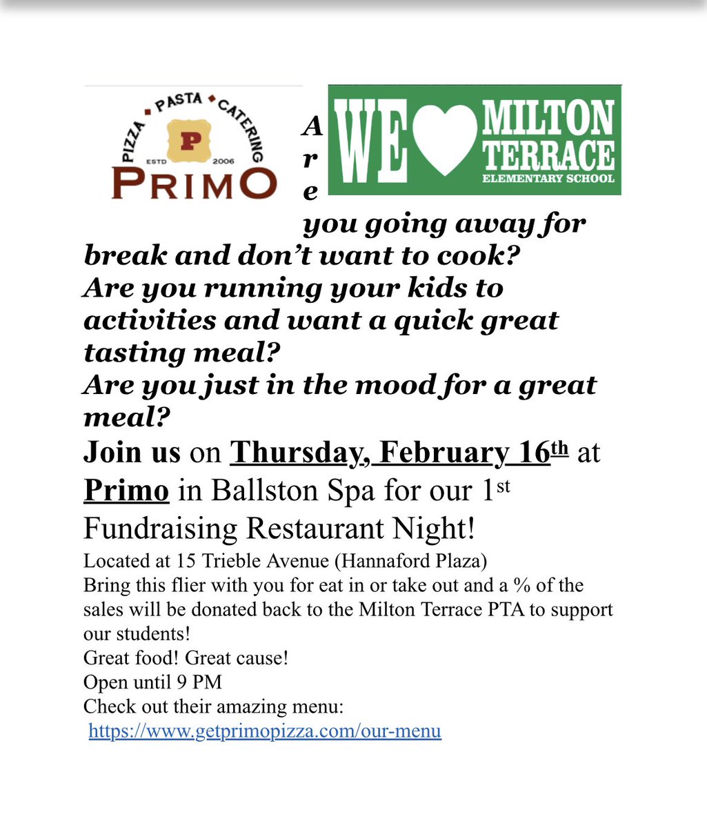 Join us in supporting a local business &amp; our school community by #DinetoDonate at Primo Ballston Spa for <a href="/MTE_PTA/">MTE PTA</a> <a href="/BSCSD/">Ballston Spa CSD</a> <a href="/MiltonTerrace/">Milton Terrace Elem</a> <a href="/SaratogaChamber/">Saratoga County Chamber of Commerce</a>