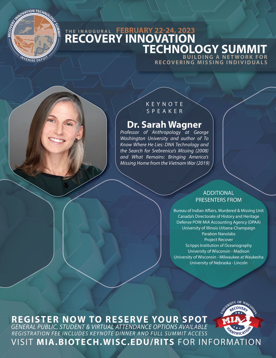 For those interested, <a href="/UWMIARIP/">UW Missing in Action Recovery & Identification</a> program will be hosting a conference Feb 22-24 on the <a href="/UWMadison/">UW–Madison</a> campus on history, technology (DNA), genetics, forensics &amp; archaeology. All welcome, inc general public:

mia.biotech.wisc.edu/rits/

<a href="/UWEmerMed/">Univ. of Wisconsin Emergency Medicine</a> <a href="/UWHistoryDept/">UW-Madison Department of History</a> <a href="/uwsmph/">UW School of Medicine and Public Health</a> <a href="/sciencewiscedu/">science.wisc.edu</a>