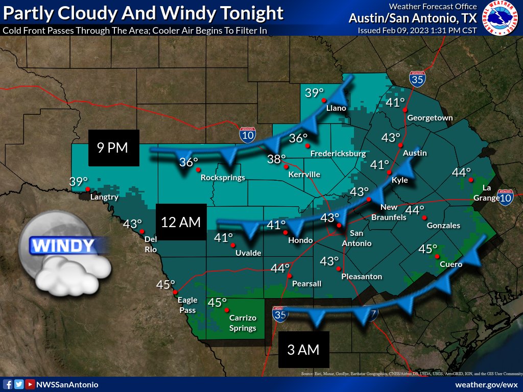 NWSSanAntonio's tweet photo. A cold front will move through the region this evening, with breezy northerly winds developing overnight. By early Friday, even before sunrise, 15-25 mph sustained winds and gusts to 35 mph are expected over much of the region. Consider securing loose outdoor objects. https://t.co/nUq3F0PiJP