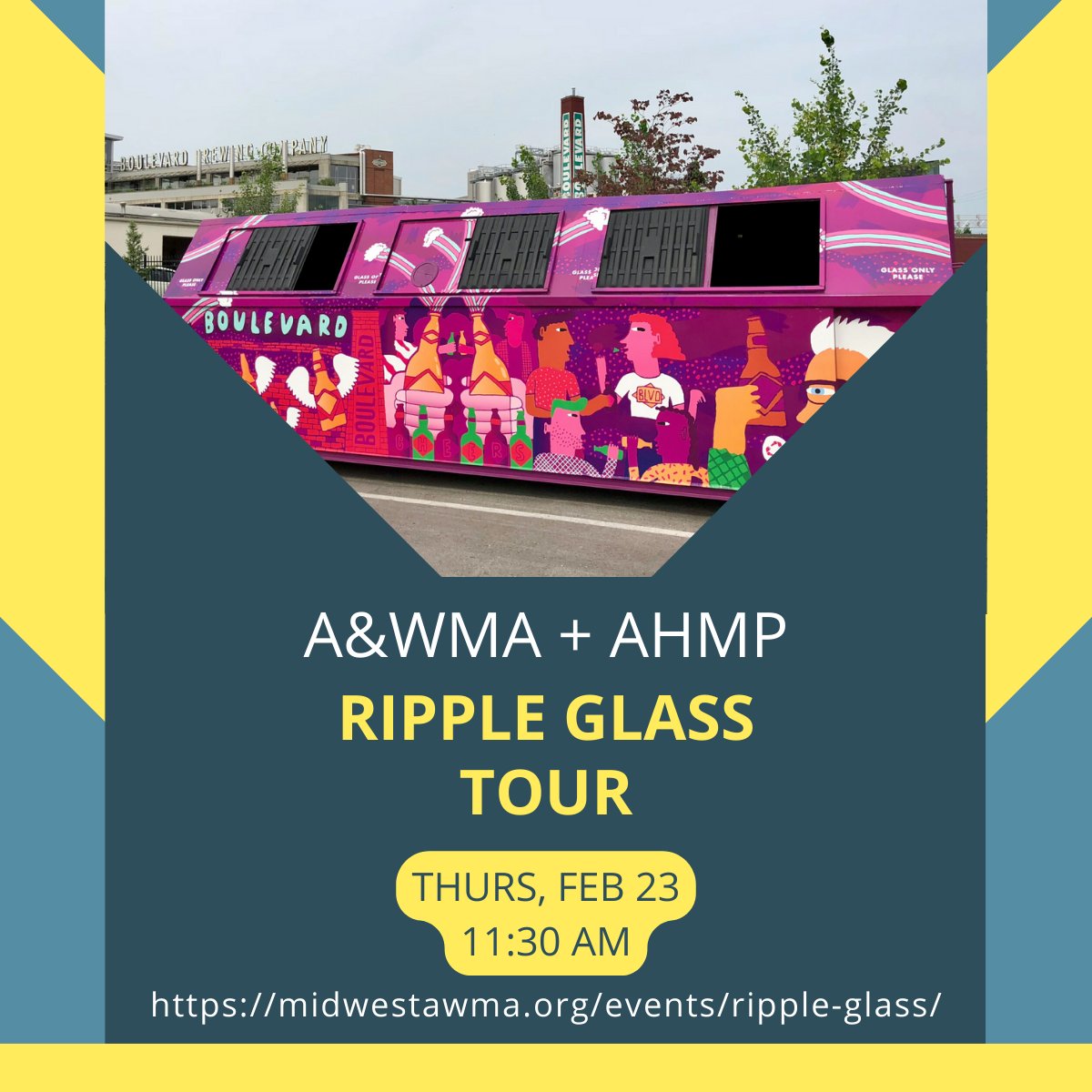 Ever wondered what happens to your glass after you toss it in a <a href="/rippleglass/">Ripple Glass</a> purple bin? Now's your chance to find out! Join us and Heartland AHMP February 23 for an inside look at the region's favorite glass recycler!
Register for this free event here: midwestawma.org/events/ripple-…