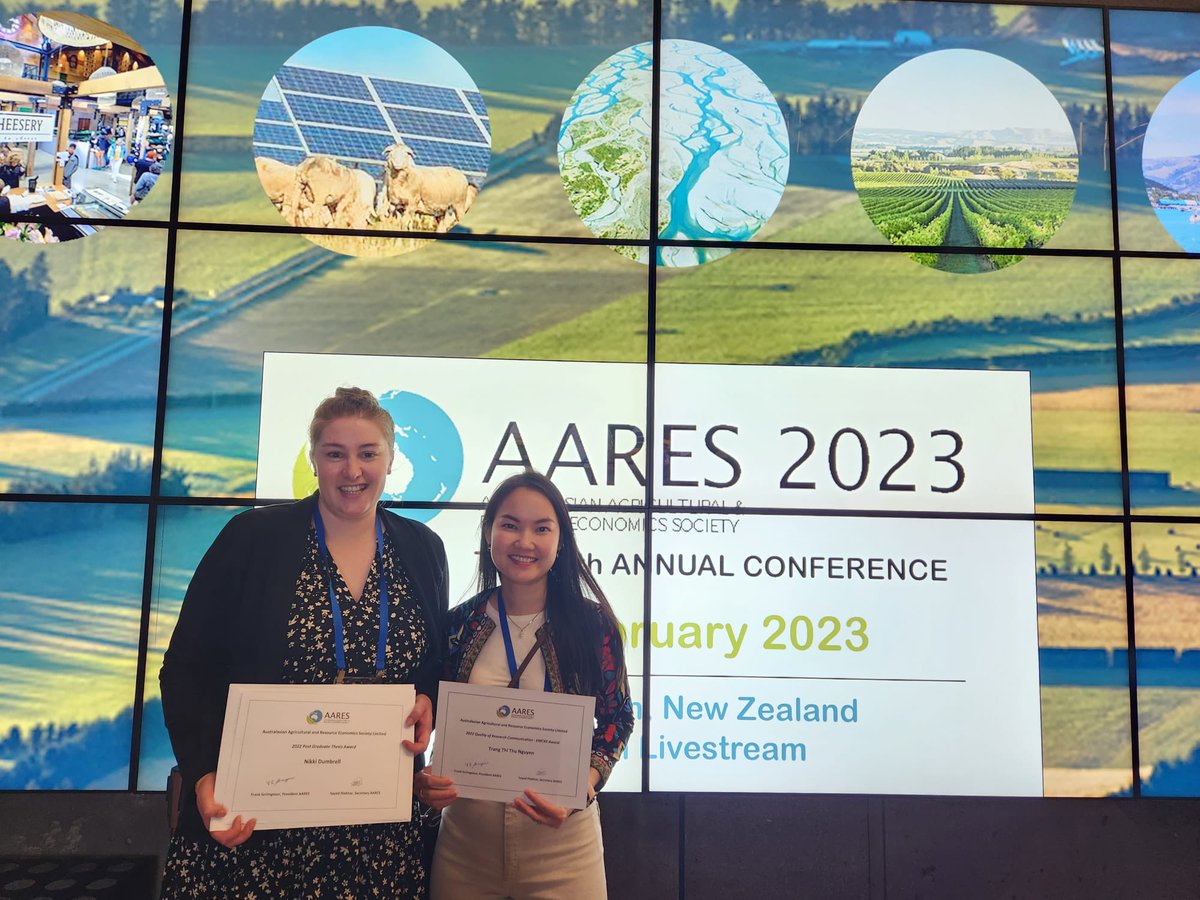 WendyUmberger's tweet photo. Congratulations to these two superstars- @nikkidumbrell for #AARES2023 Outstanding Postgraduate Dissertation Award! and @trangnguyen4455 for #AARES Quality of Research Comm Award! Well done 👏🏼👏🏼👏🏼🎊🎊🎊👏🏼👏🏼👏🏼@UoAGFAR https://t.co/g6aSrAFOCH