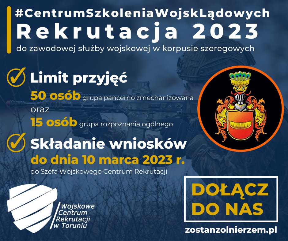 WCRTorun's tweet photo. 📢Trwa nabór do #𝘾𝙎𝙒𝙇 🪖 na szkolenie wojskowe kandydatów do #ZSW w korpusie szeregowych w ramach #DobrowolnaZSW.
✅6️⃣5️⃣ miejsc, 
✅przyjdź i złóż 📝#wniosek do @WCRTorun,
✅termin 👉 do 1️⃣0️⃣marca2️⃣0️⃣2️⃣3️⃣ r. 
Więcej ℹ️ 👉https://t.co/iQuDqNizjh
#ZostańŻołnierzem 🇵🇱 https://t.co/DiHPNHwJ6I