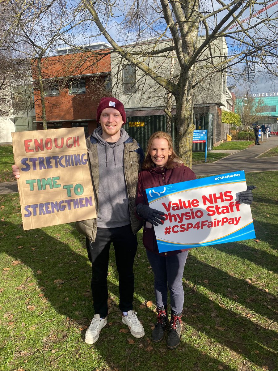 LukeKphysio's tweet photo. Not where I expected to be 6 months into my career as a physio but proud to stand alongside my colleagues! Definitely not an easy decision for anyone involved but something needs to change for the sake of the NHS, all AHPs, and our patients #CSP4FairPay @thecsp @Gloshosptherapy https://t.co/jVhQsgMOEd