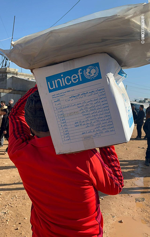 UNICEFUSA's tweet photo. In northwestern Syria, UNICEF teams deliver hygiene kits and tarpaulins as part of the ongoing earthquake response. Safe water also remains a priority, as WASH services are critical in preventing illness in the early days of a crisis. https://t.co/B1p9aIox96