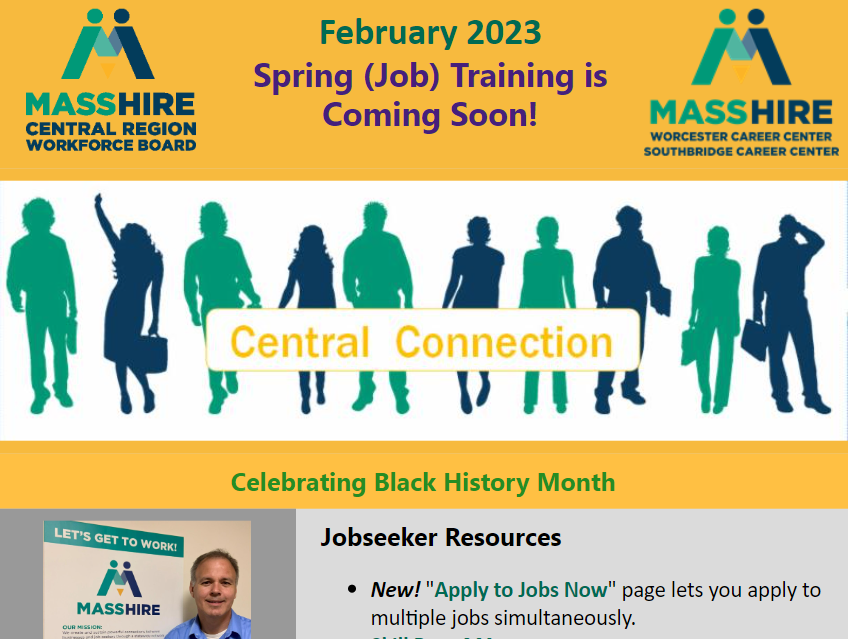 masshirecentral's tweet photo. Hot off the (digital) press: YOUR February e-newsletter w/ hot #jobs, free #careerdevelopment #training (#manucturing, #tech, #cybersecurity, #healthcare), companies #hiring now, and more! https://t.co/vYL14M2NZE @MAWorkforce @TweetWorcester @chamberworc @The_BVCC #jobseekers https://t.co/OZGVed5Ay1