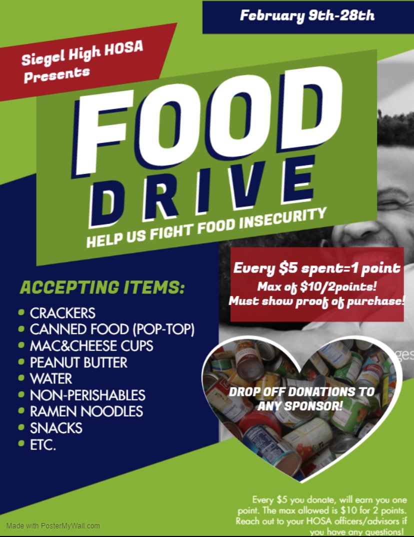 Siegel High HOSA is hosting a food drive! We are collecting food through the end of February. If you would like to donate, please drop off donations in any of the health science teachers rooms! <a href="/sghhosa/">Siegel HOSA</a> <a href="/SiegelHighStars/">Siegel High School</a> <a href="/Boutwell_SGH/">Kirstie Jones Boutwell</a> <a href="/LisaSnetsinger/">Lisa Snetsinger</a> @MrsKeeton_SGH @siegelATC