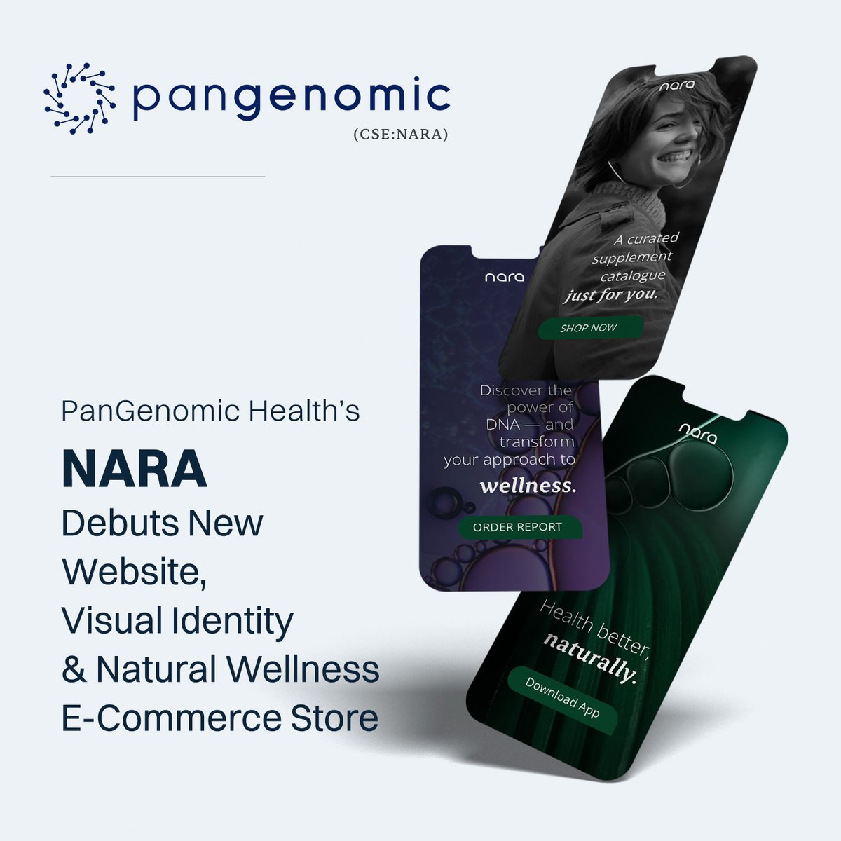 pangenomic's tweet photo. PanGenomic Health is thrilled that its NARA brand has launched a new visual identity, website &amp; e-commerce store at https://t.co/efJVvmR007! NARA offers curated info &amp; products for natural wellness, tailored to consumers via our app &amp; DNA reports. #NARA #NaturalWellness #Health https://t.co/Anbwu5J6hs