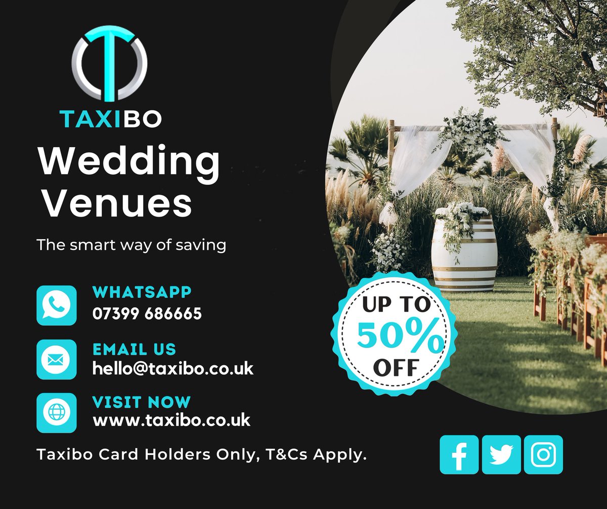 Taxibocard's tweet photo. GET UP TO 50% OFF WEDDING VENUES
#weddingvenue #weddinghalls #wedding #weddingphotography #weddingservices https://t.co/5NBb4JX1qI